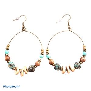 NWT Boho Desert Revival Antiqued‎ Gold Tone Beaded Hoops